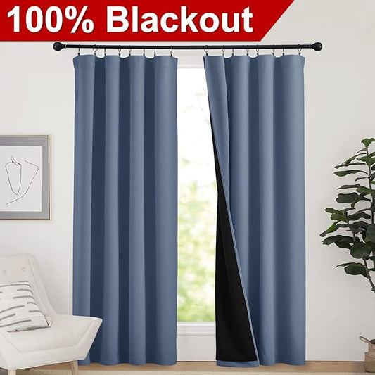 NICETOWN 100% Blackout Curtains 84 inches Long, Energy Smart & Noise Blocking Out Drapes for Baby Room Window, Thermal Insulated Guest Room Lined Window Dressing(Stone Blue, 52 inches Wide, 2 Panels)