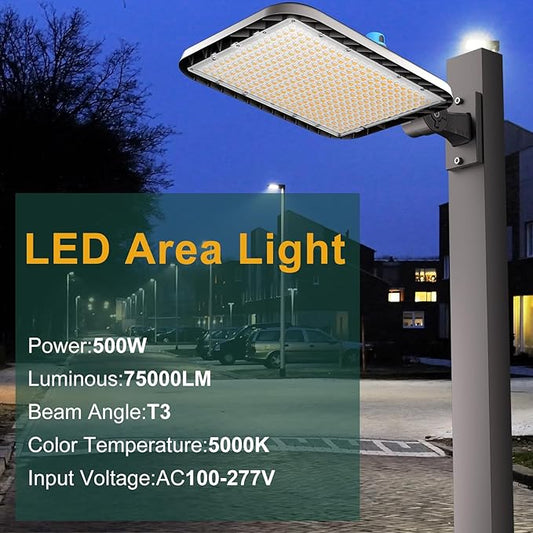 500W LED Parking Lot Lights Outdoor 75000lm(150LM/W) IP65 6KV SPD 5000K Daylight Arm Mount Commercial Area Street Lighting Smart Photocell ETL Listed 7 Yrs Warranty-2Pack