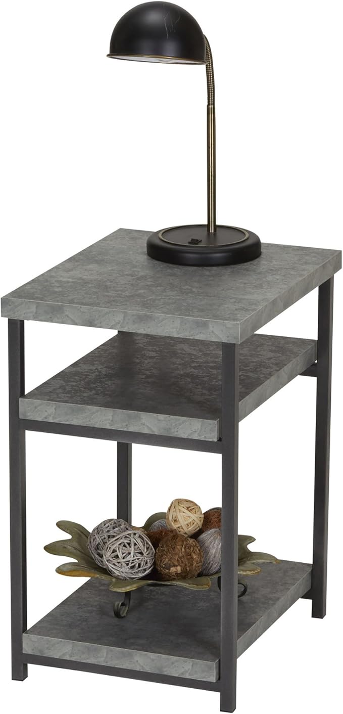 Household Essentials Jamestown Rectangular Side End Table with Storage Shelves Rustic Slate Concrete and Black Metal
