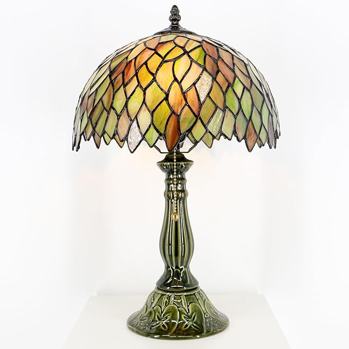 Tiffany Lamp Stained Glass Table Lamps Brownish Green Leafage Style Desk Lamp 12X12X18.5 Inch Bronze Ceramic Base Reading Light Suitable for Bedside Bedroom Living Room Dining Room Office