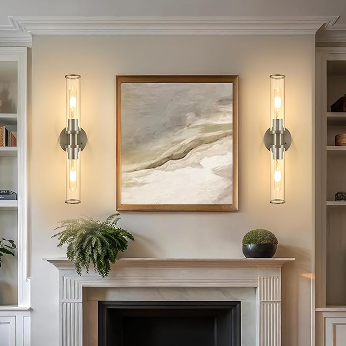 Rechargeable Battery Wall Sconce with Remote Control, Nickel Wireless Wall Lights, Easy Install Dimmable Battery Sconces Wall Decor Set of 2 for Living Room Bedroom Hallway Entryway Stairwell, 3000K