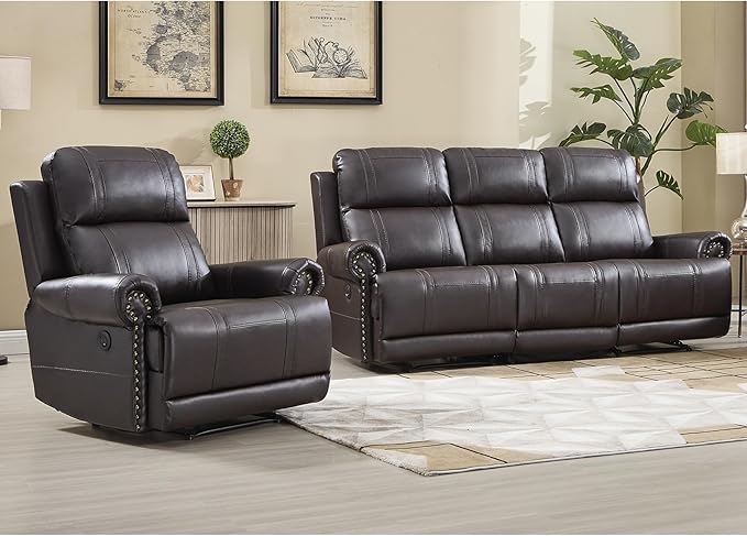 EBELLO Faux Leather Electric Reclining Sofa Set, Power Recliner Four Seats Sofa Set, a Chair and a 3-Seat Sofa with USB and Type-C Charging Ports, Vintage Rivet Design for Small Living Room, Brown
