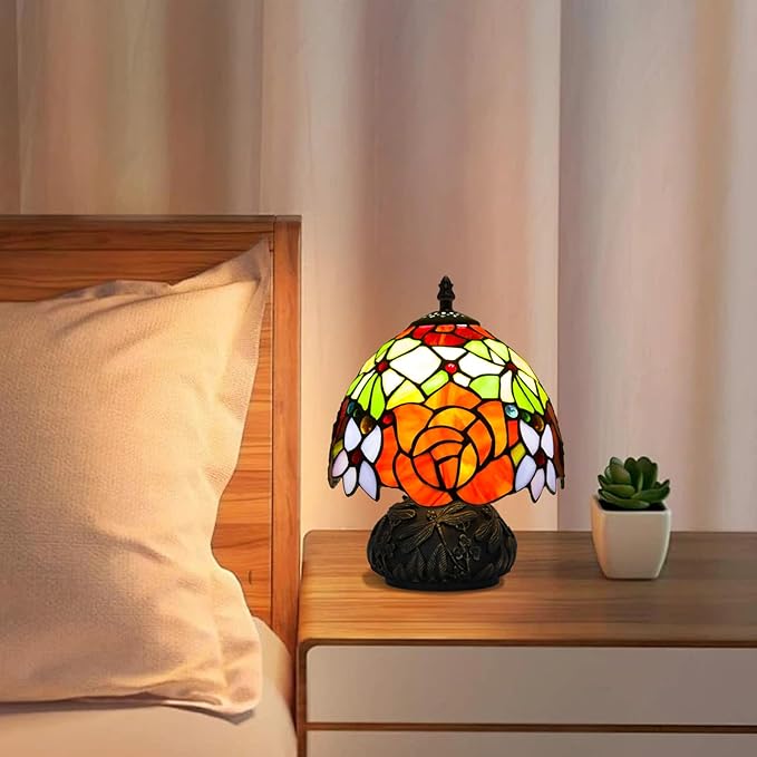 JHuiLap Small Tiffany Stained Glass Lamp, 3 Color Temperatures Bedside Lamp, 8 Inch Mushroom Desk Light for Bedroom Living Room Office Home Decor (Two-Color Rose)