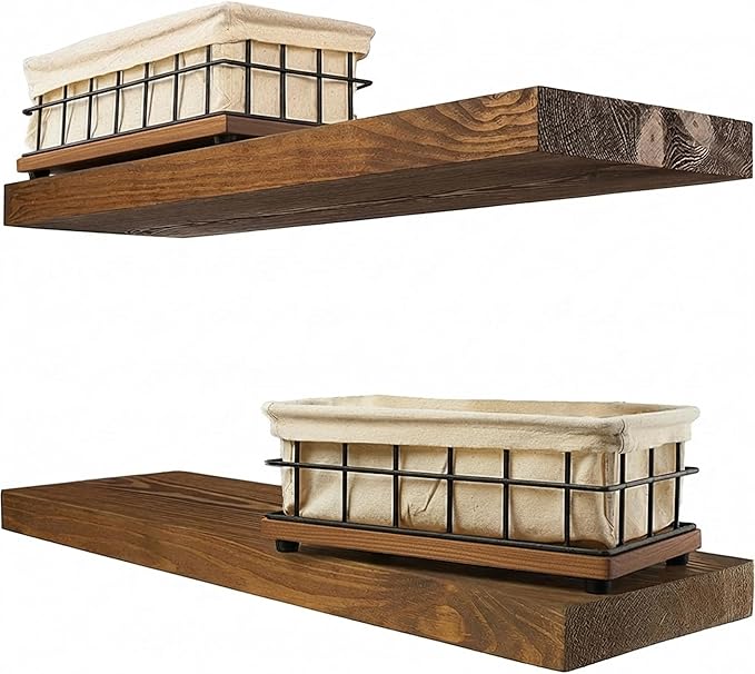 BAOBAB WORKSHOP Bundle - 2 Items: Wood and Wire Baskets with Floating Shelves for Bathroom Decor, Toilet Paper Storage, Living Room Bedroom and Kitchen