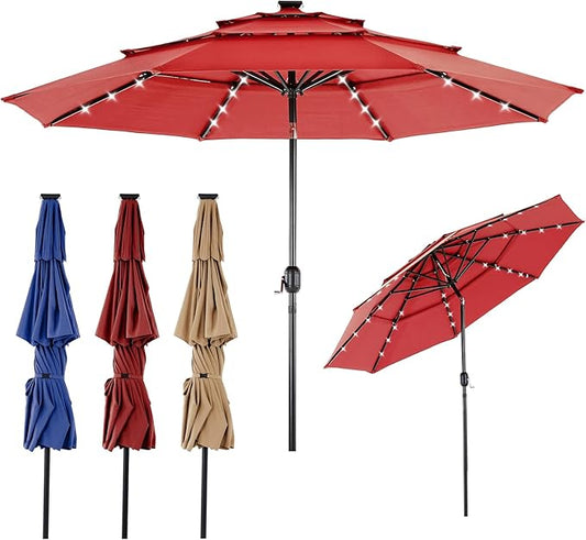 DUMOS 10FT 3 Tier Patio Umbrella with 32 LED Lights, 8 Ribs Outdoor Table Umbrella with Crank, Waterproof Market Umbrella for Pool, Beach, Terrace and Outdoor Restaurant, Red