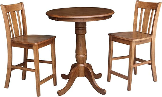 IC INTERNATIONAL CONCEPTS 30" Solid Wood Round Pedestal Table in Distressed Oak with 2 San Remo Stools