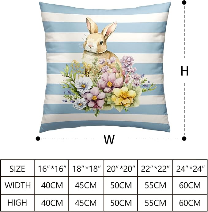 Cute Bunny Easter Pillow Covers 18x18 Set of 2 Egg Rabbit Floral Decorative Throw Pillows Covers Blue and White Striped Pillow Covers Spring Home Decor for Couch Bed
