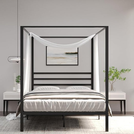 Golden Gate Beds Canopy Bed Frame with Four Poster Design, Strong Metal Slats and Built-in Headboard, Fits Drapes or Curtains, No Box Spring Needed, Girls or Teen Princess Style, Black, Queen Size