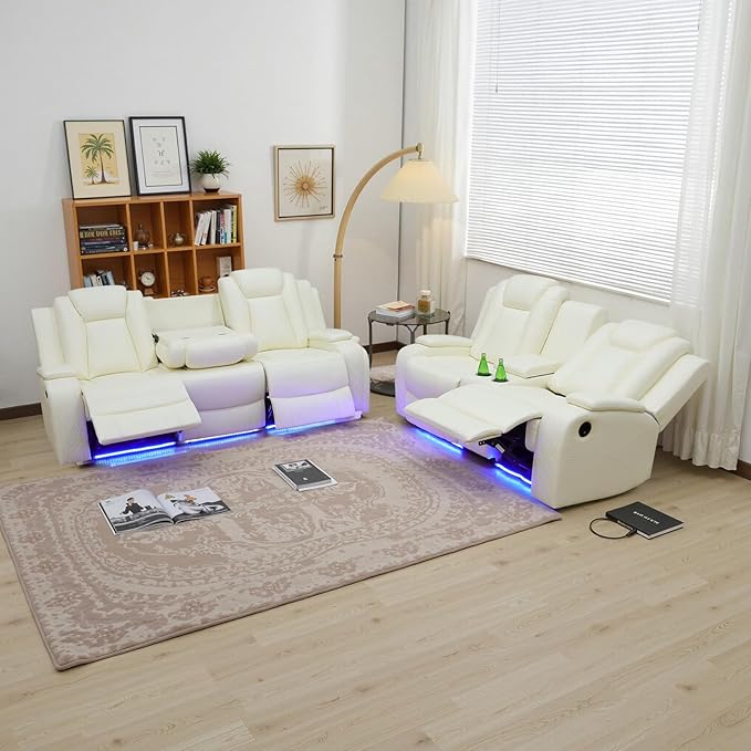 Power Recliner Sofa Set for Living Room, Leather Reclining Sofa Sets with Storage Console, Living Room Furniture Sets with LED Lights(Sofa and loveseat,Creamy)