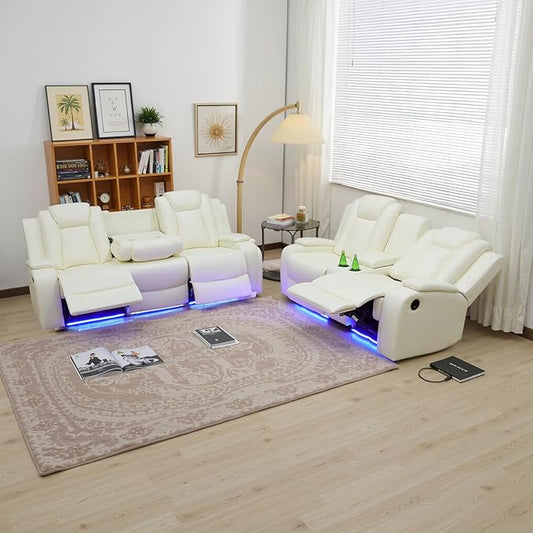 Power Recliner Sofa Set for Living Room, Leather Reclining Sofa Sets with Storage Console, Living Room Furniture Sets with LED Lights(Sofa and loveseat,Creamy)
