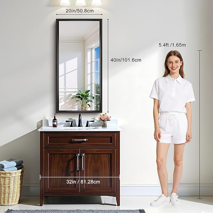 CIRCUMI 20"x40" Black Mirror with Chunky Box Metal Frame, Brushed Finish Rectangular Bathroom Mirrors for Over Sink, Living Room, Entryway, Tempered Glass Mirror for Wall, Vertical or Horizontal