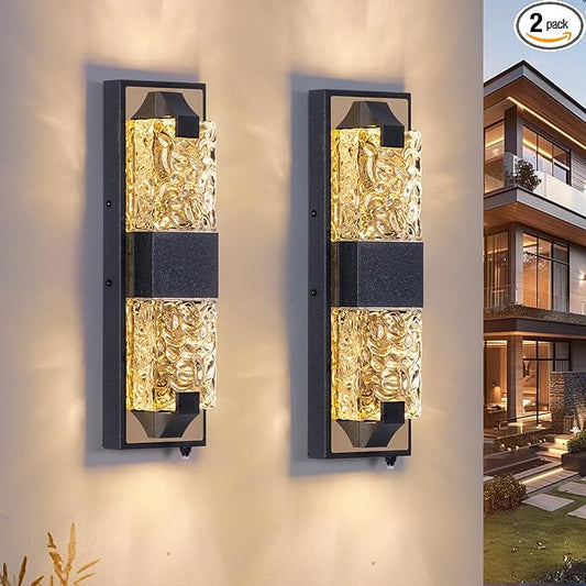 HITTO Porch Lights Outdoor, Dusk to Dawn Outdoor Lighting 15.6'' Outdoor Wall Sconce, IP65 Waterproof LED Exterior Lamp, Ripple Crystal Glass, Black&Gold Modern Porch Light for House Front Door 2 Pack