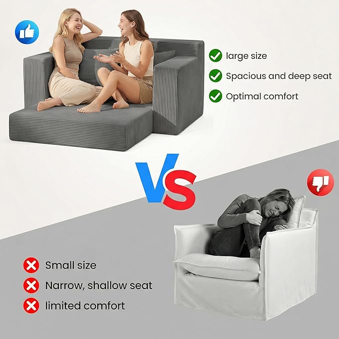 Convertible 5 in 1 Futon Sofa Bed Full Size, Corduroy Boneless Couch Sleeper Sofa with 4 Pillows, Foldable Pull Out Loveseat Floor Mattress for Living Room, Apartment, Small Space & Dorm