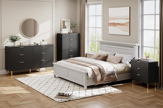 IDEALHOUSE Black Dresser, Modern 6 Drawer Dresser for Bedroom with Gold Handle and Large Drawer, Wood Double Chest of Drawers and Storage Organizer for Living Room, Hallway, Entryway
