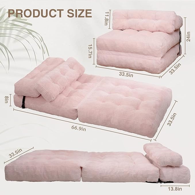 Folding Sofa Bed, Folding Chair Bed with Pillow, Convertible Lazy Sofa Bed with High-Density Support Foam, Fold Out Chair for Small Spaces Living Room Bedroom, Pink