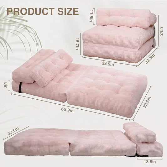 Folding Sofa Bed, Folding Chair Bed with Pillow, Convertible Lazy Sofa Bed with High-Density Support Foam, Fold Out Chair for Small Spaces Living Room Bedroom, Pink