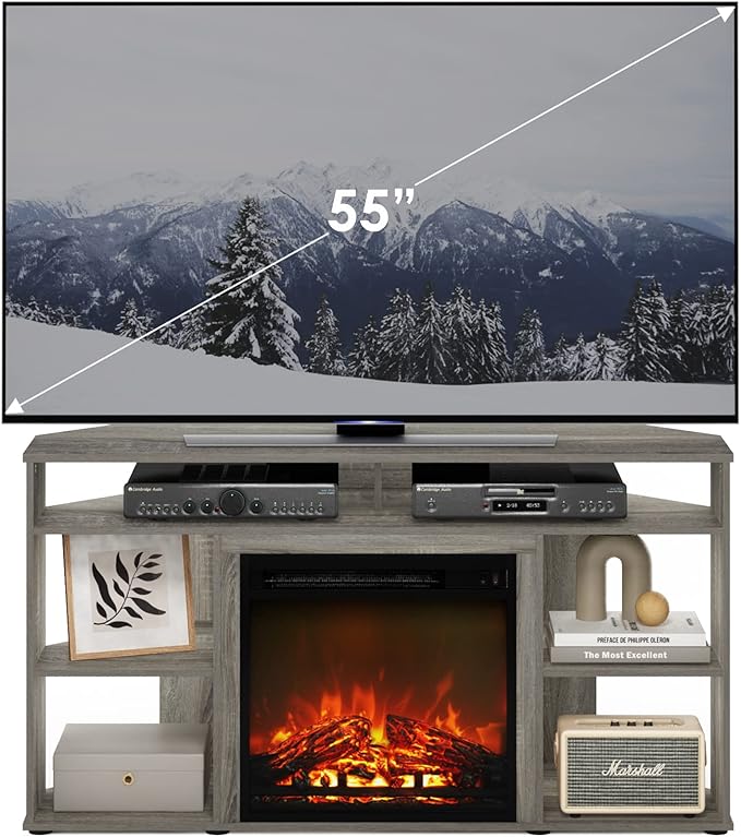Furinno Jensen Corner TV Stand with Fireplace for TV up to 55 Inches, French Oak Grey