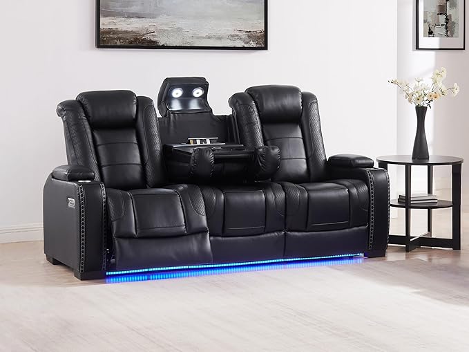 THSUPER Black Leather Power Recliner Sofa Loveseat Sets with Arm Storage and Power Headrest, Leather Living Room Reclining Sofa and Loveseat Set with Cup Holders and Bluetooth Speaker. | Breathable material, LED ambient light, Reading light, Hidden out...