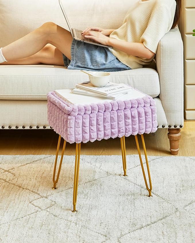 IBUYKE Rectangle Vanity Chair with Storage Space, Footrest Footstool Ottoman, Vanity Stool, Dressing Table Chair, with Anti-Slip Feet, for Makeup Room, Bedroom, Square Grid Pattern, Purple WBD004V