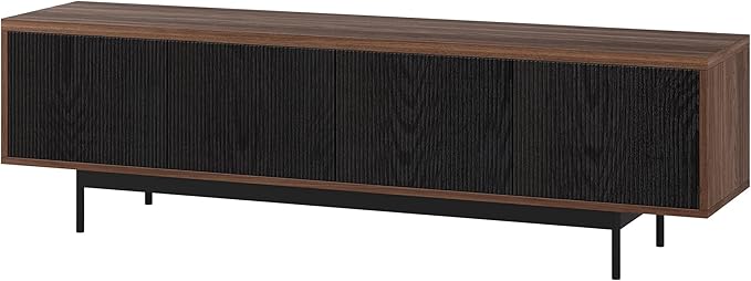 Henn&Hart Fluted TV Stand for TVs up to 75" with 2 Open-Concept Ribbed Storage Cabinets for Living Room, Family Room, or Office, Medium Walnut/Natural Black