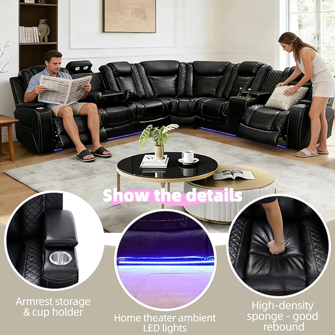 Power Reclining Sofa Set with LED Light, Living Room Furiture Set,Leather Reclining Sectional Couch with USB Port/Cup Holder for Living Room Home Office