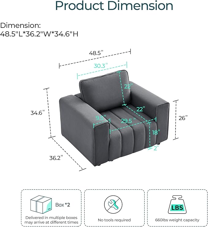 LINSY HOME Oversized Modular Sectional Sofa Chair, Deep Seat Upholstered Armchair with Anti Cat Stretch Fabric and Metal Frame, Modern Single Sofa for Living Room Bedroom Apartment Reading Room, Grey