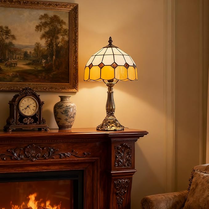Table Lamp Tiffany-Style 8 Inch Mediterranean Series Stained Glass Lampshades Small Bedside Lamp Reading Antique Desk Light Livingroom Bedroom Office Vintage Art De(Color:Orange)