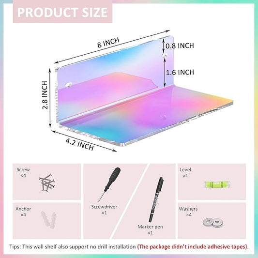 8 Inch Iridescent Shelf for Wall, Acrylic Small Floating Shelf, Home Wall Shelf Organizer for Room Storage, Room Décor, Space Saving, 4'' Depth, 2 Pack