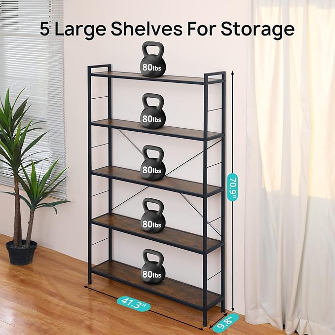 Evajoy 5 Tier Bookshelf, Modern Freestanding Tall Bookcase with Steel Frame, Industrial Wood Book Shelf, Rustic Bookshelves for Storage and Display for Bedroom, Living Room, Study, Home Office