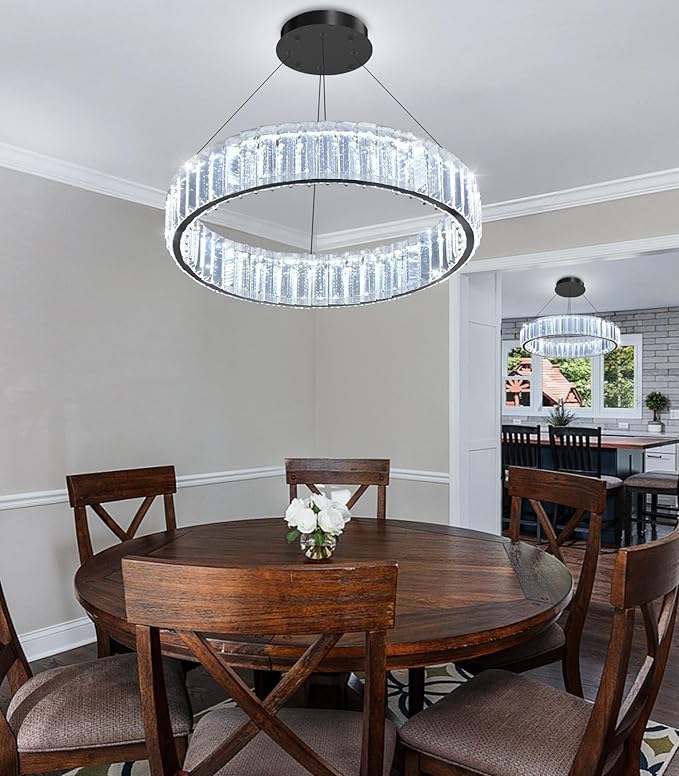 16'' Modern Ring Chandelier Crystal Chandeliers for Dining Room Round LED Dimmable Ceiling Light Fixture for Living Room Bedroom Lighting Black