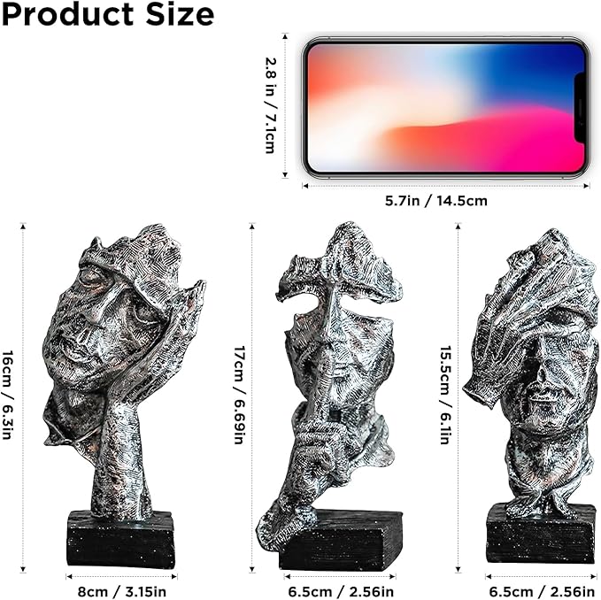 3 Pcs Thinker Statue, Silence is Silvery Abstract Art Figurine, Modern Home Resin Decorative Objects Decor for Home Office Bookshelf Desktop,No Hear No See No Speak Knick Knacks