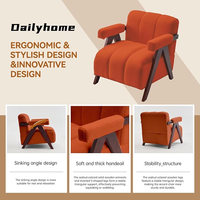 Accent Chairs Set of 2 Mid-Century Modern with Wide Backrest for Bedroom, Upholstered Living Room Chair with Wooden, Lounge Armchair with Thick Cushion, Cute Teddy Comfy Chair, Orange