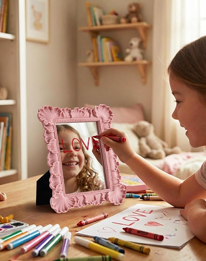 Cute Wall Mirror for Small Apartment Decor Aesthetic, with Velvet-Like Touch, 14x12 Girl Teens Bedroom Mirror for Makeup Gallery Wall Art, Gift for Birthday Graduation Baby Shower (Soft Pink)