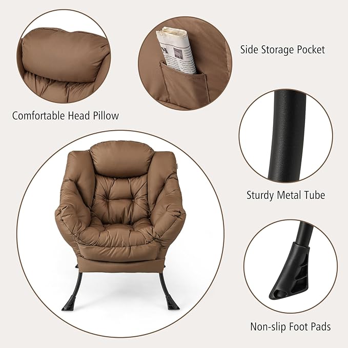GORELAX Lazy Chair with Ottoman, Modern Accent Chair w/Armrests & Side Pocket, Upholstered Lounge Sofa Chair & Folding Footstool Set, Reading Chair for Bedroom, Living Room, Dorm Room (Brown)