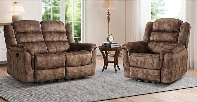 EBELLO 2 Pieces Loveseat Reclining Couch Furniture Set, Soft Fabric Manual Recliner Sofa Home Theater Seating, Manual Recliner and Wide 2PC Bonded Sofa Set for Living Room, Brown