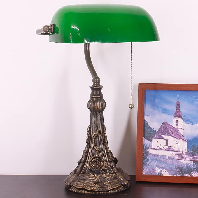Tiffany Banker Lamp Small Stained Glass Table Lamp Tiffany Style Piano Light Green Glass Style Desk Lamp Angle Adjustable 10.6X15.7Inch for Home Office Living Room Bedroom