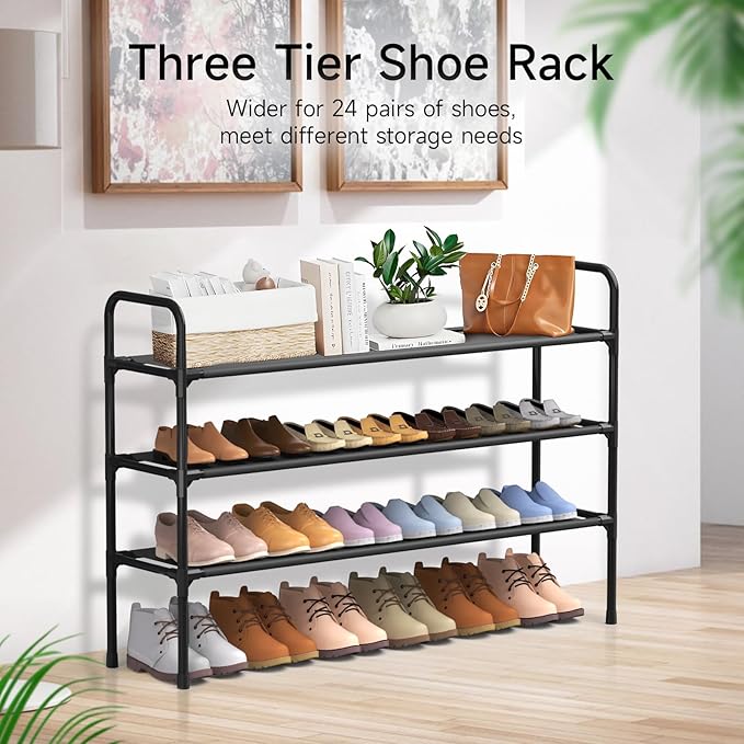 Long Shoe Rack for Closet - 3 Tier Shoe Organizer Storage for Entryway, Front Door Entrance, Metal Frame, Non-Woven Fabric Shelves, 10.8“ D x 40.2” W x 25.8” H