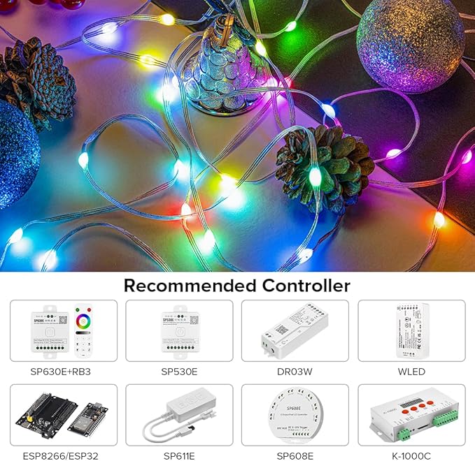 BTF-LIGHTING WS2812B IC RGB Pebble Pixel Light Seed String Roll Individually Addressable Chasing Color Smart Fairy String Light PVC Wire 16.4FT 50LED DC5V for Christmas Decor(No Adapter or Controller)