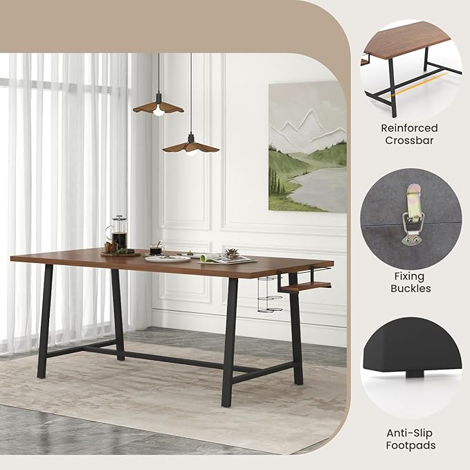 GOFLAME Dining Table for 5-7 People, 72” Large Wooden Kitchen Table with Wine Rack and Spice Rack, Rectangular Dinner Table with Metal Frame for Dining Room, Living Room, Walnut