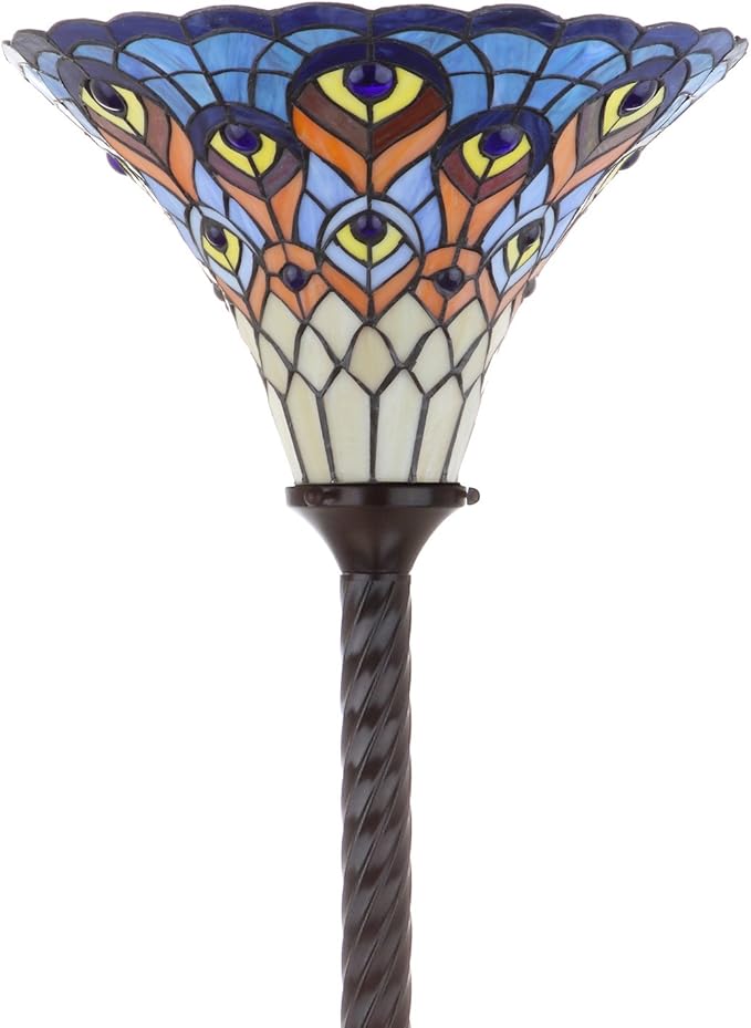 JONATHAN Y 70" Bronze Peacock Tiffany-Style Torchiere LED Floor Lamp, Traditional Stained Glass Standing Lamp for Living Room, Foot-Switch, UL Listed, LED Bulb Included JYL8006A