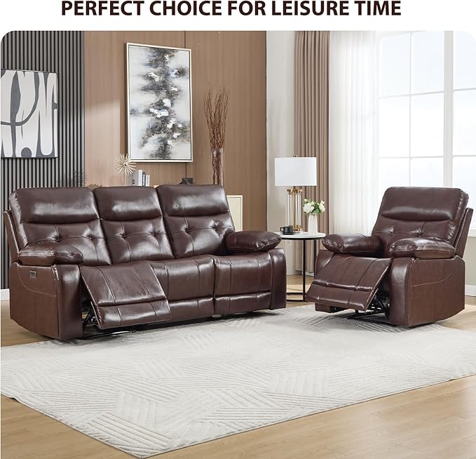 CANMOV Genuine Leather Power Recliner Sofa Set,Two Power Recliner Chair and Sofa Set, 3 Pieces Leather Couch with Hidden Cup Holders, USB Ports, for Living Room, Dark Brown