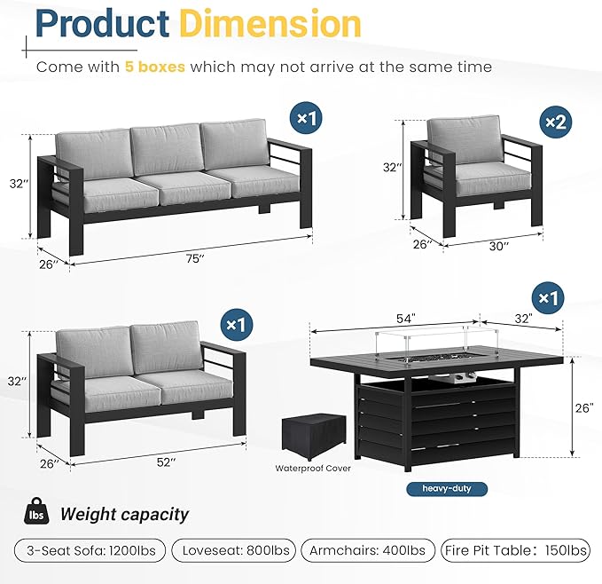 Solaste Aluminum Patio Furniture Set for All Weather, Oversized Metal Outdoor Furniture Set with 27.5" Deep Seating and 3.2" Wide Armrest, Outdoor Patio Conversation Sets with 10" Back Suport Cushion