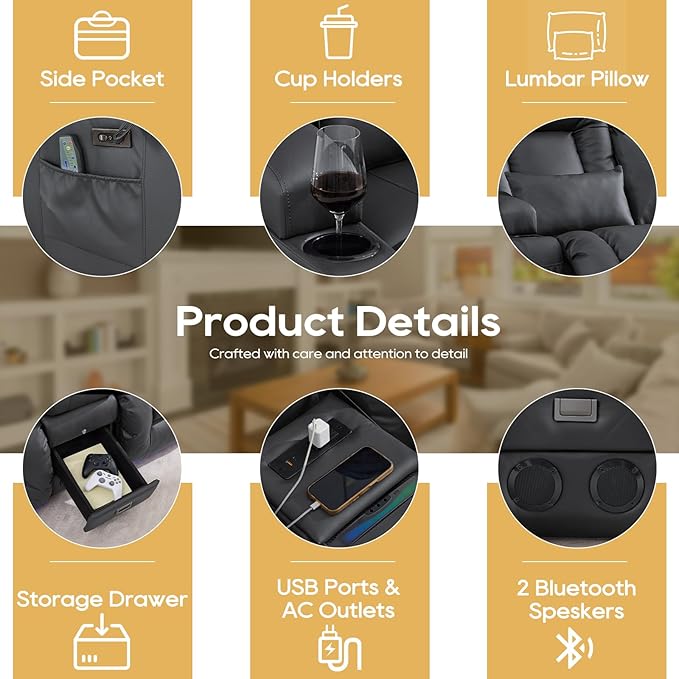 IPKIG Power Recliner Sofa with Flip-Up Backrest Console, USB & USB-C Ports, AC Outlet, LED Lights, Wall Hugger Recliners for Living Room, RV (PU Grey, 76.8" - 3 Seat) | Faux Leather, Zero Gravity, Dual Reclining, 2 Lumabr Pillow