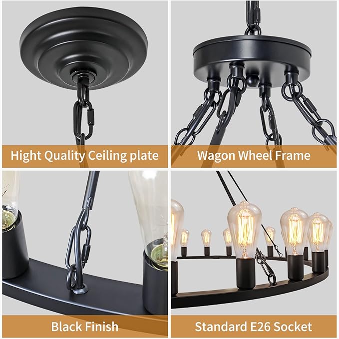 Wagon Wheel Chandelier 24-Light 48-Inch, Black Round Rustic Farmhouse Chandelier Extra Large for High Ceilings, Dining Room, Living Room