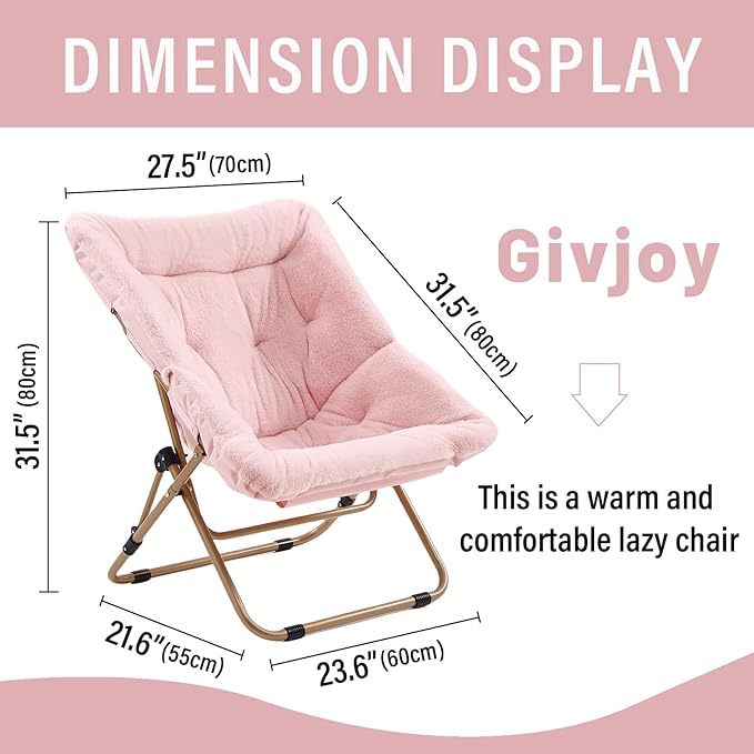 Comfy Folded Chair, Soft Faux Fur Oversized Folding Chair, Flexible Lazy Chair for Kids Girls Teens Adults, Metal Frame Moon Chair for Dorm Rooms, Bedroom, Living Room