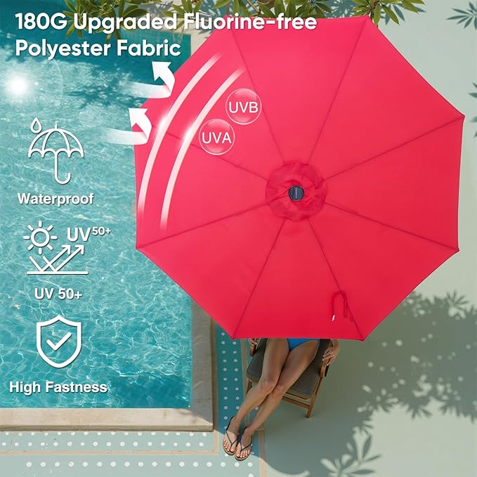 DUMOS 10 FT Outdoor Patio Umbrella with 32 LED Lights, UV-Resistant Outdoor Table Umbrella with Tilt and Crank for Backyard, Deck, Garden and Beach, Red