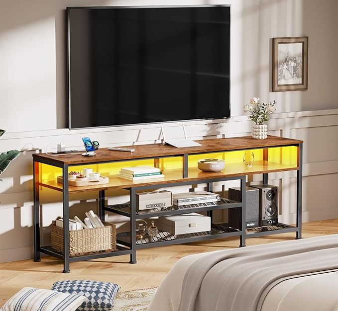 Furologee TV Stand with Power Outlets and LED Lights, 63 Inch Entertainment Center for 60 65 70 Inch TVs, Media Console Table with Open Shelves, for Bedroom, Living Room, Rustic Brown