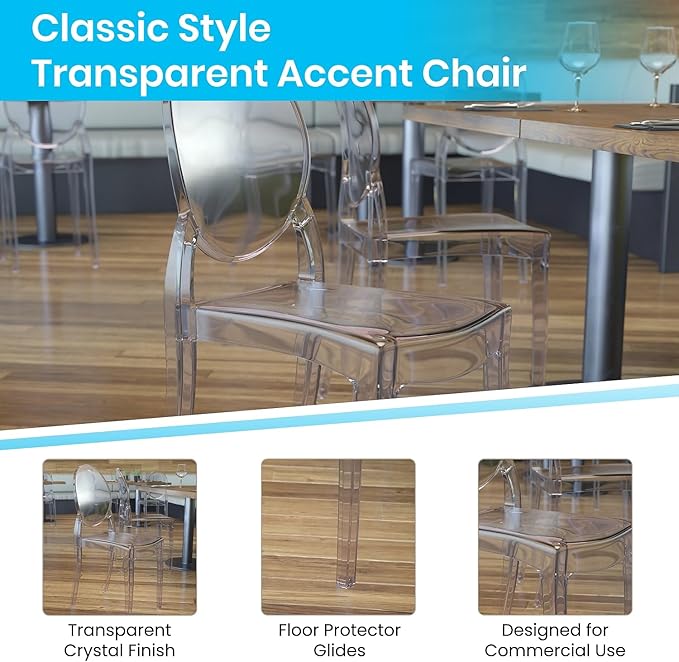 Flash Furniture Set of 4 Extra Wide Resin Ghost Chairs with 700 LB. Weight Capacity - Clear Kitchen and Dining Room Chair - Acrylic Event Chair for Indoor/Outdoor Use