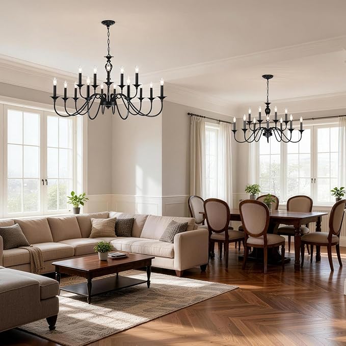 15 Light Black Farmhouse Chandelier | Large Chandeliers for Dining Room Light Fixtures Over Table | Vintage Candle Hanging Lighting for Living Room | Foyer | Staircase | Restaurant | Villa