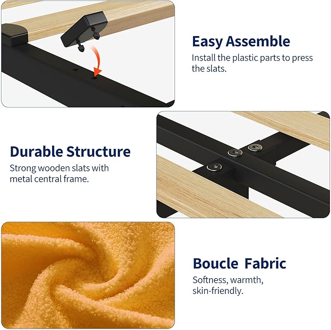 IDEALHOUSE Twin Bed Frame for Kids, Boucle Upholstered Platform Bed for Boys/Girls with 2 Flexible Drawers, Bookcase Headboard, Noise-Free, Easy Assembly, No Box Spring Needed, Yellow